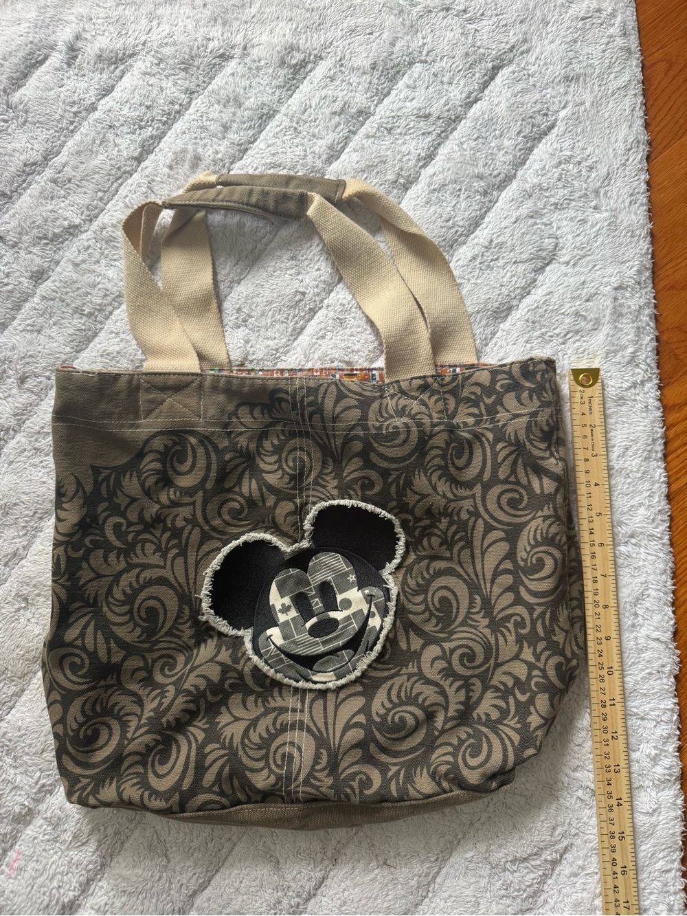 Stylish Disney Brown Patterned Canvas Tote Bag with Mickey Patch
